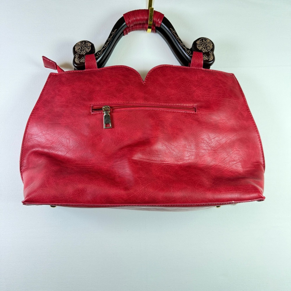 Red 3D Rose Flower Applique Faux Leather Satchel Handbag Medium - Picture 3 of 6